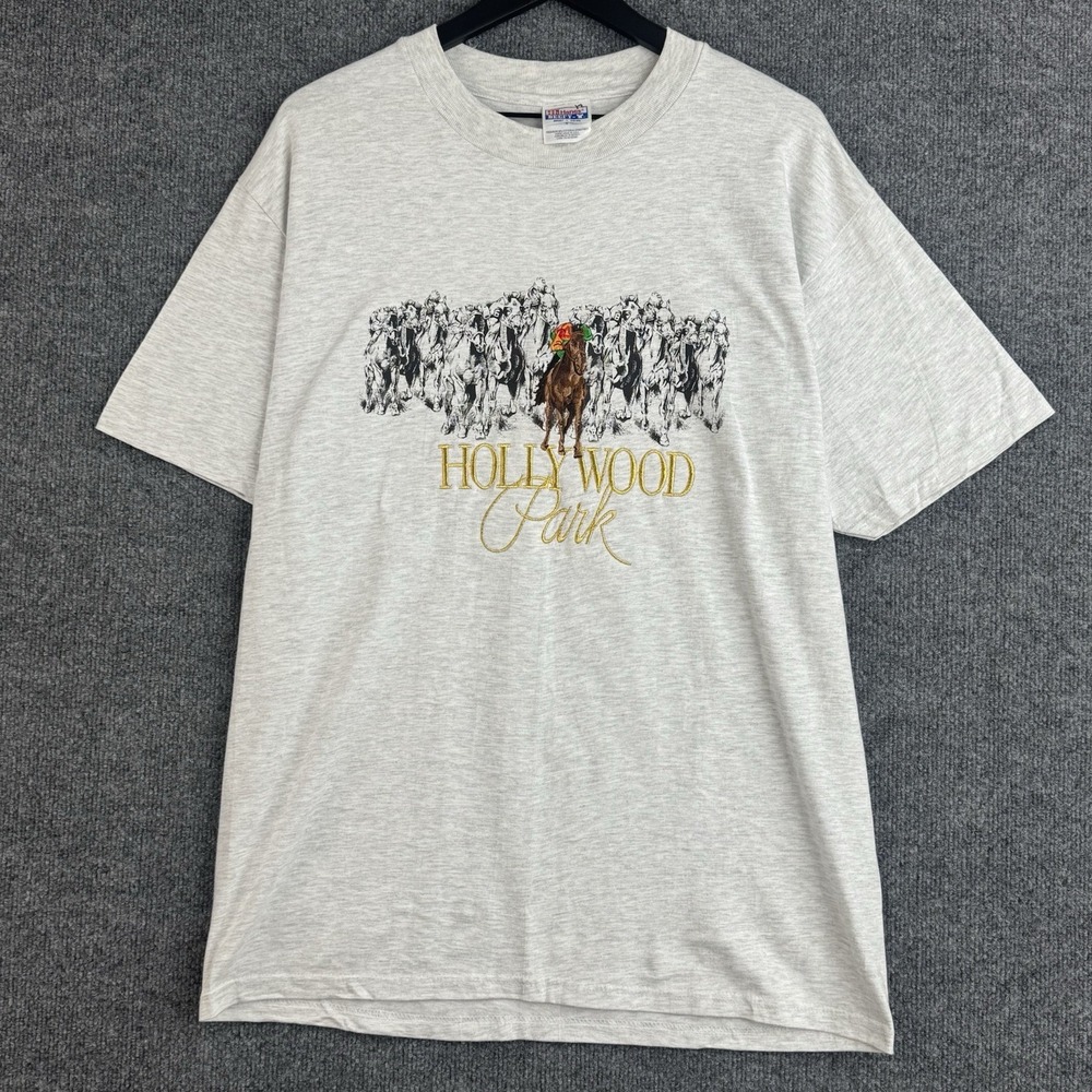 Vintage Hollywood Park Horse Racing T Shirt Men's L Gray Embroidered Hanes USA